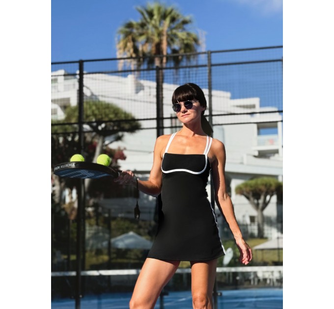 Blue Sports Dress with Black Strappy Back for Tennis, Padel, Golf & Gym