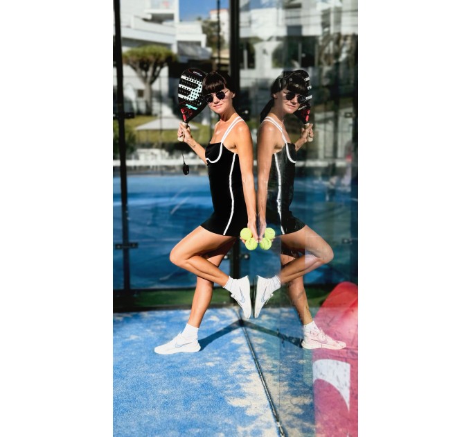 Black Sports Dress with White Strappy Back for Tennis, Padel, Golf & Gym