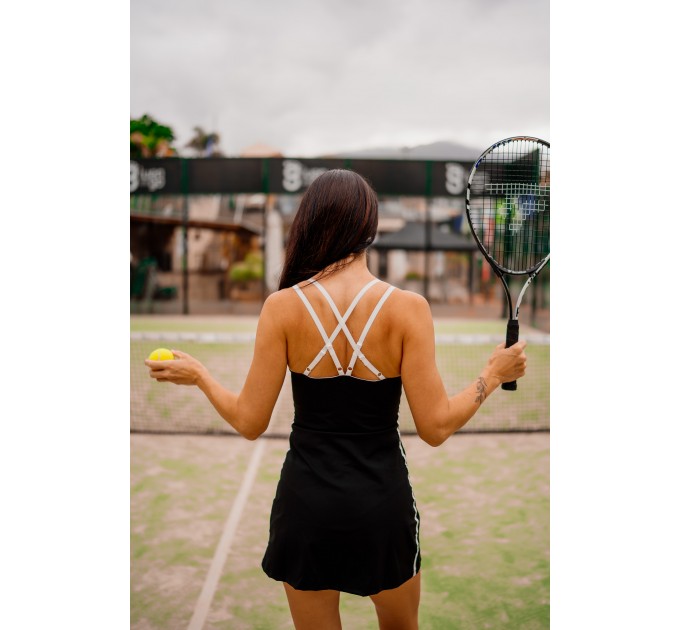 White Sports Dress with Black Strappy Back for Tennis, Padel, Golf & Gym